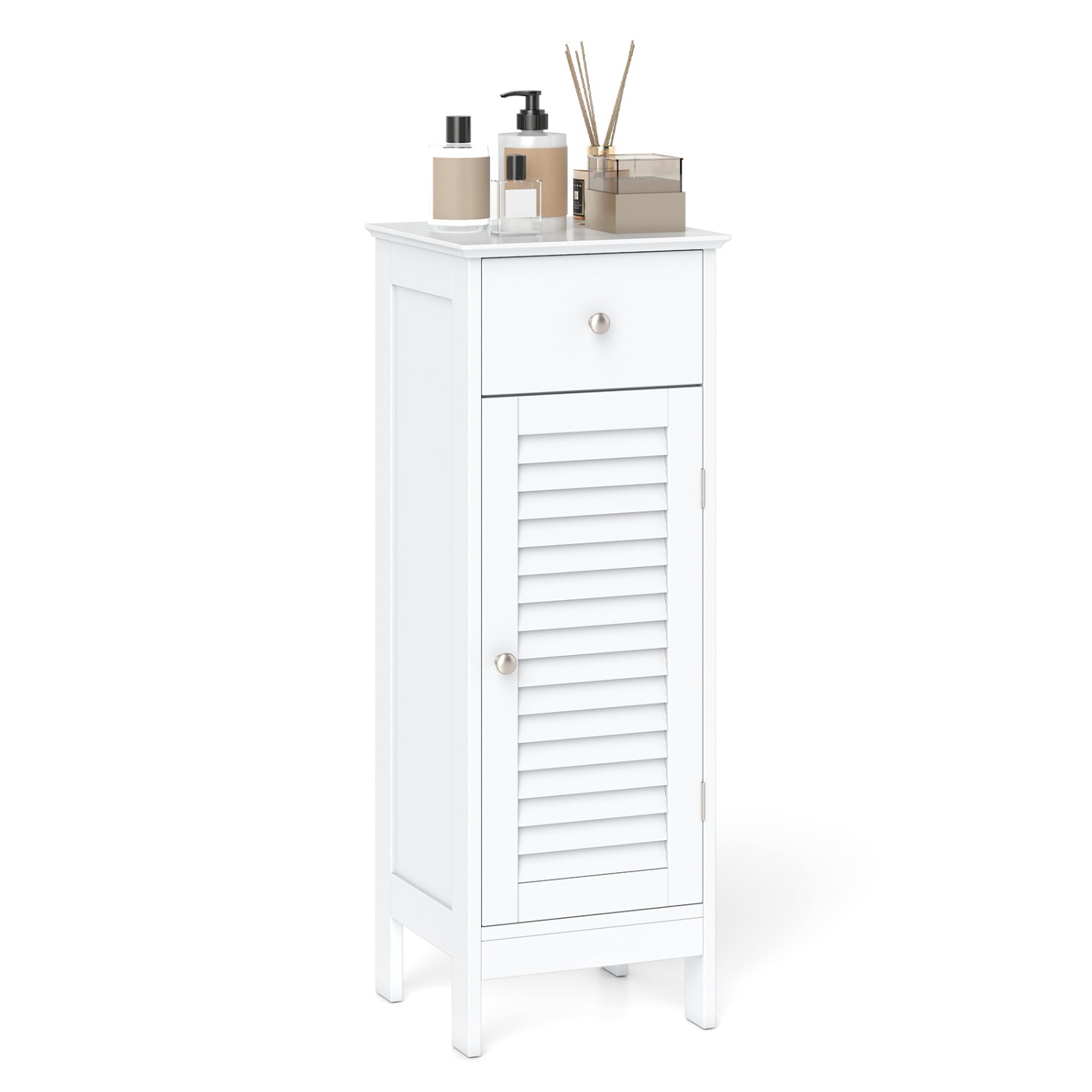 Narrow bathroom storage cabinet with top drawer and louvered door, white finish and metal knob on Tampa Home & Garden Store