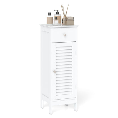 Narrow bathroom storage cabinet with top drawer and louvered door, white finish and metal knob on Tampa Home & Garden Store