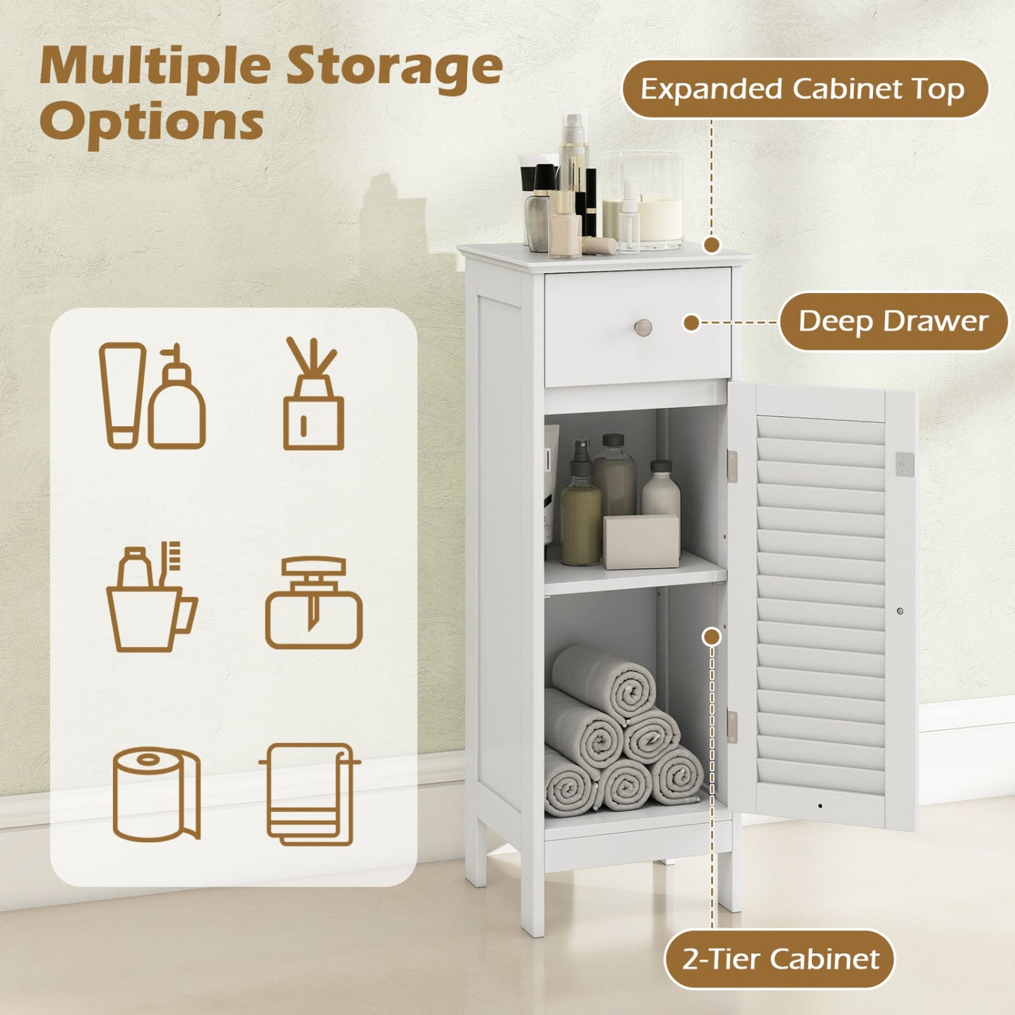 DirectDeals narrow white bathroom cabinet with adjustable shelf and deep drawer, towels stored on Tampa Home & Garden Store