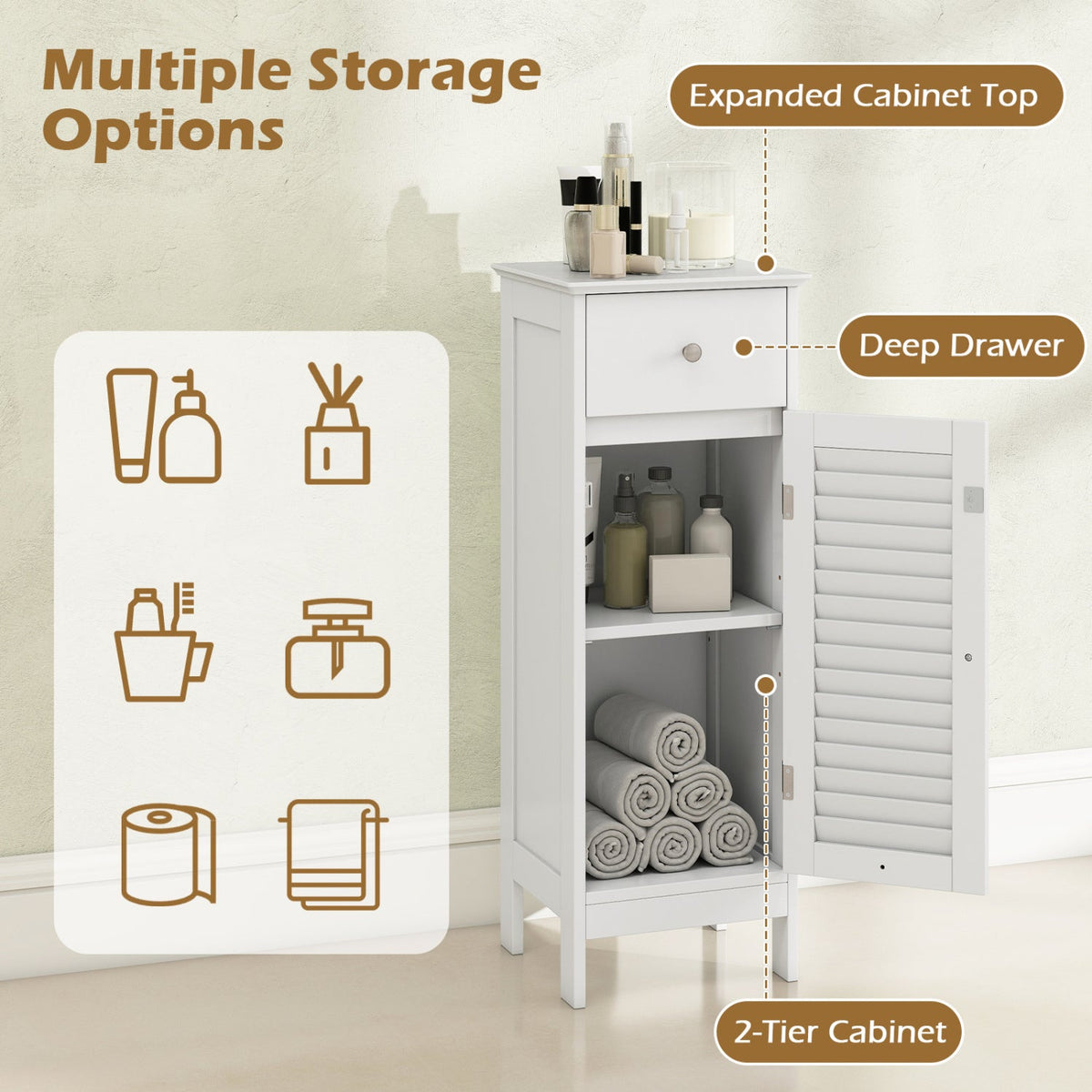 DirectDeals narrow white bathroom cabinet with adjustable shelf and deep drawer, towels stored on Tampa Home & Garden Store