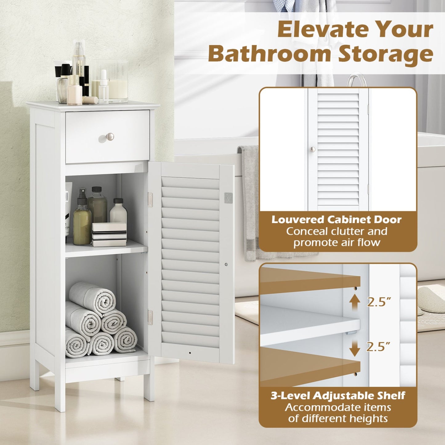 Narrow White Bathroom Cabinet with Adjustable Shelf & Drawer by DirectDeals on Tampa Home & Garden Store