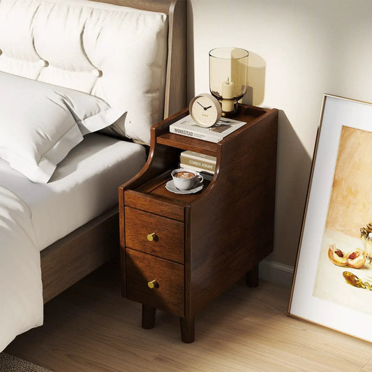 Solid wood narrow nightstand with pullout tray and two drawers in dark brown finish on Tampa Home & Garden Store