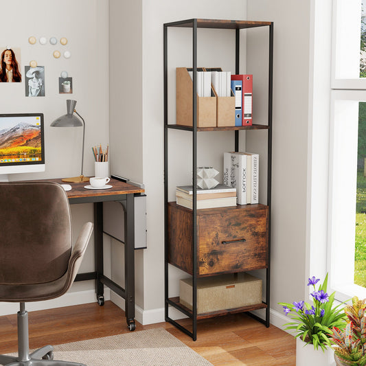 5-Tier Narrow Bookcase with 4 Open Shelves and Storage Drawer-Rustic Brown - Tampa Home & Garden Store