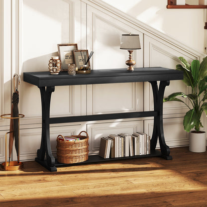 Narrow Console Table Vintage 52 Inch Long with Open Storage Shelf