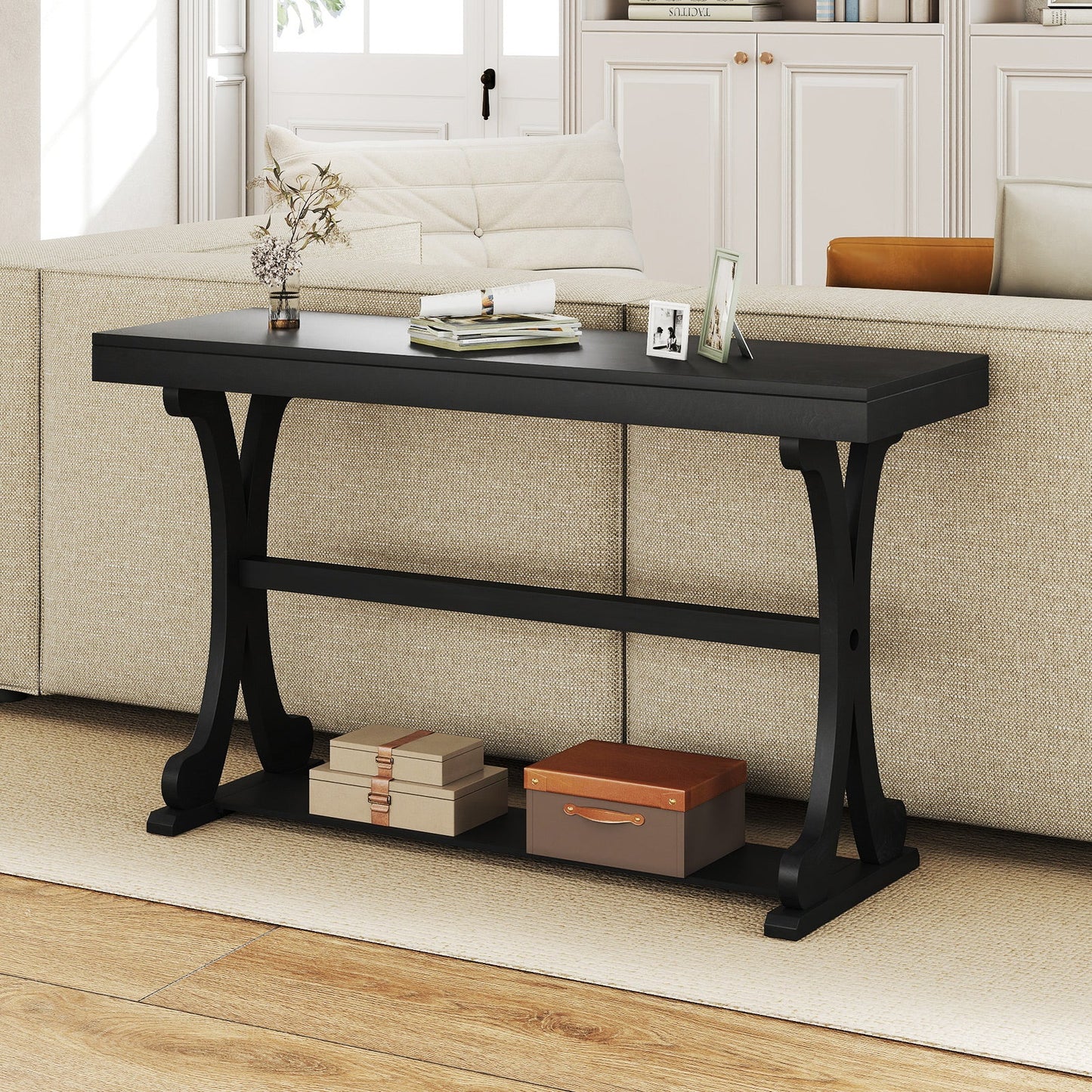 Narrow Console Table Vintage 52 Inch Long with Open Storage Shelf