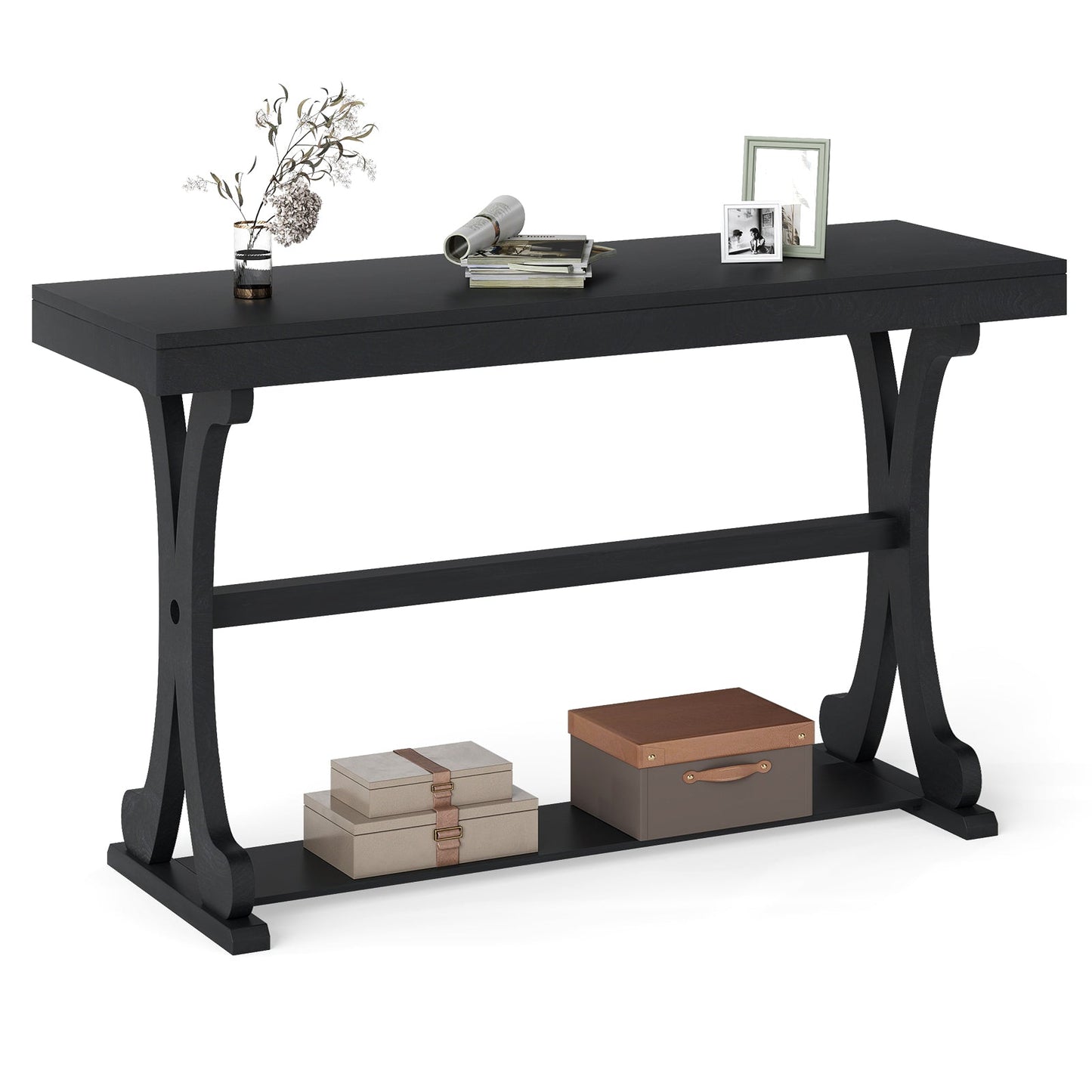 Narrow Console Table Vintage 52 Inch Long with Open Storage Shelf