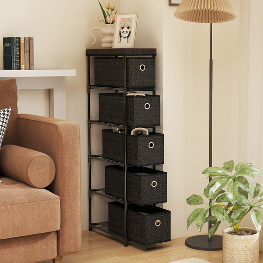 Cómoda estrecha con 5 cajones, torre de almacenamiento delgada con estructura de metal - Negro