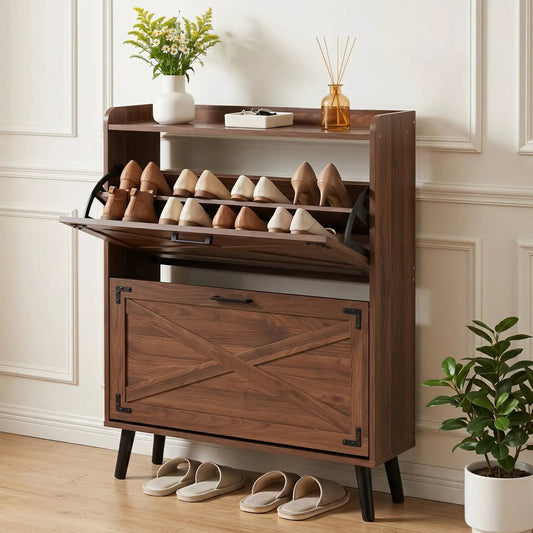 Narrow shoe cabinet by DirectDeals with flip-down racks and adjustable shelves in dark wood on Tampa Home & Garden Store