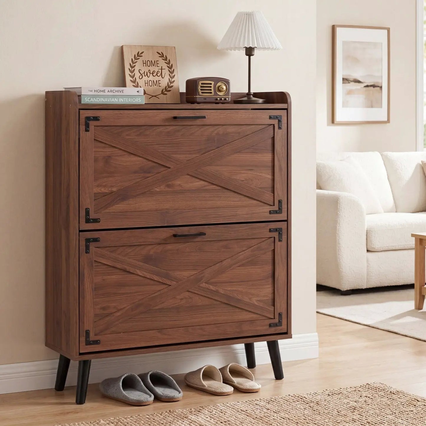 Narrow Shoe Cabinet with Flip Drawers and Shelves
