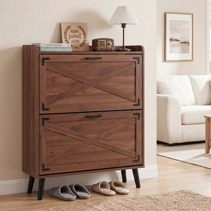 Narrow Shoe Cabinet with Flip Drawers and Shelves