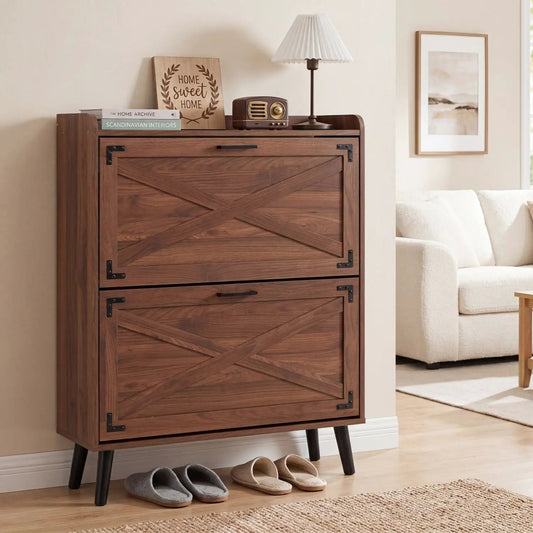 Narrow shoe cabinet with flip drawers and adjustable shelves in wood with X-panel doors on Tampa Home & Garden Store