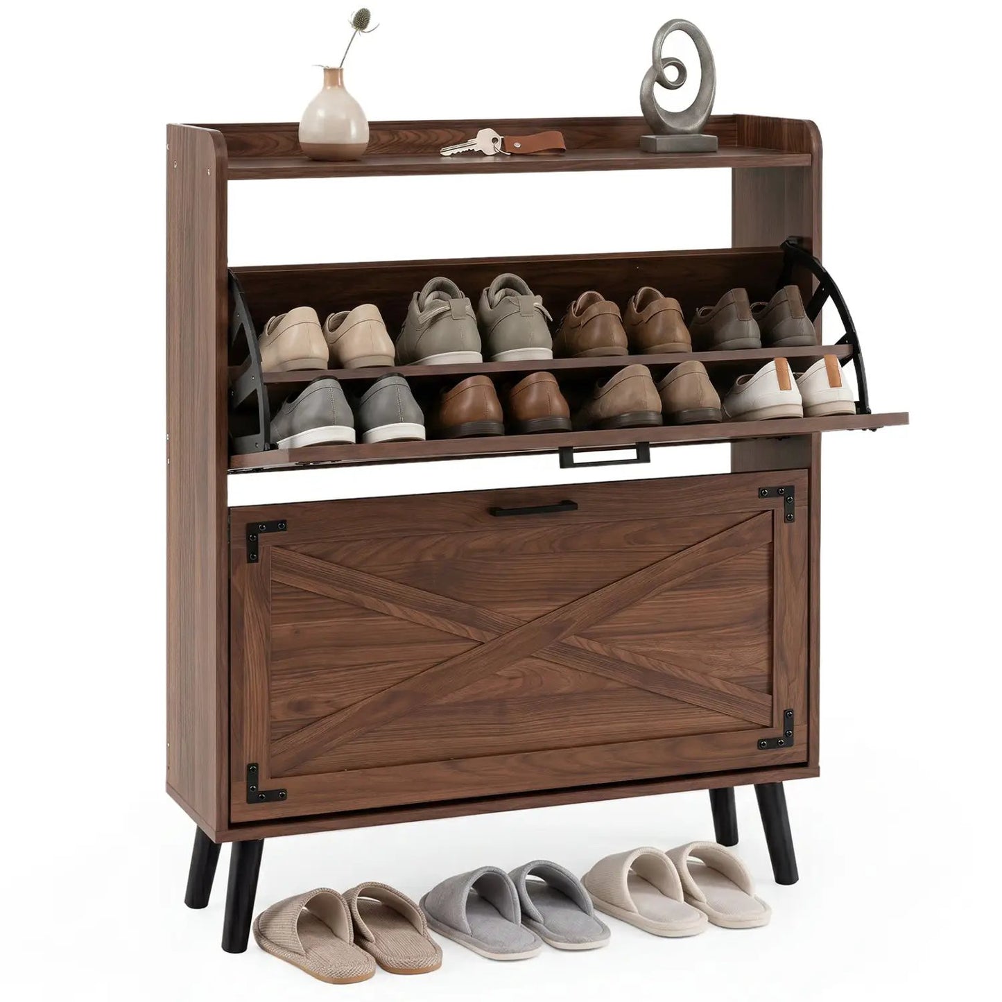 Narrow Shoe Cabinet with Flip Drawers and Shelves