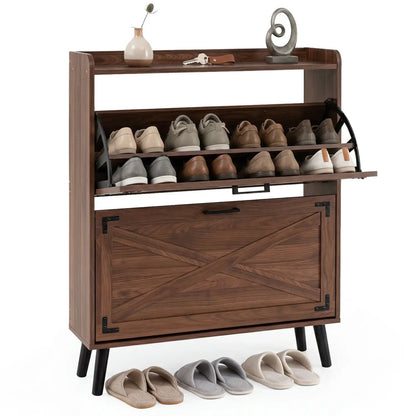 Narrow Shoe Cabinet with Flip Drawers and Shelves