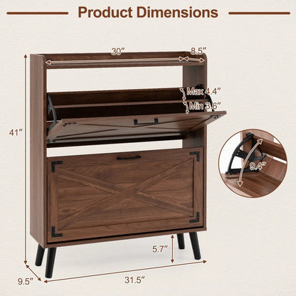 Narrow Shoe Cabinet with Flip Drawers and Shelves