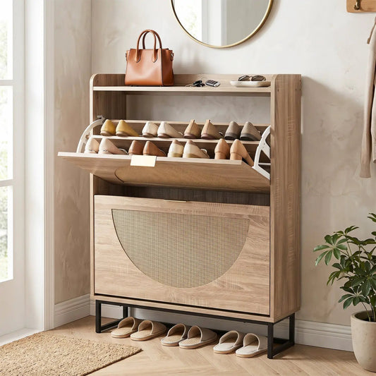 DirectDeals narrow shoe storage cabinet with flip-down drawers and shelves in natural wood on Tampa Home & Garden Store