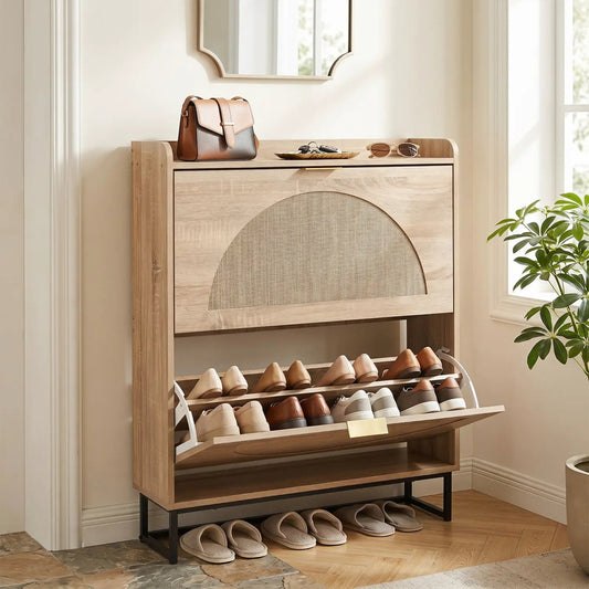 DirectDeals Narrow Shoe Storage Cabinet in natural wood with flip drawers and shelves on Tampa Home & Garden Store