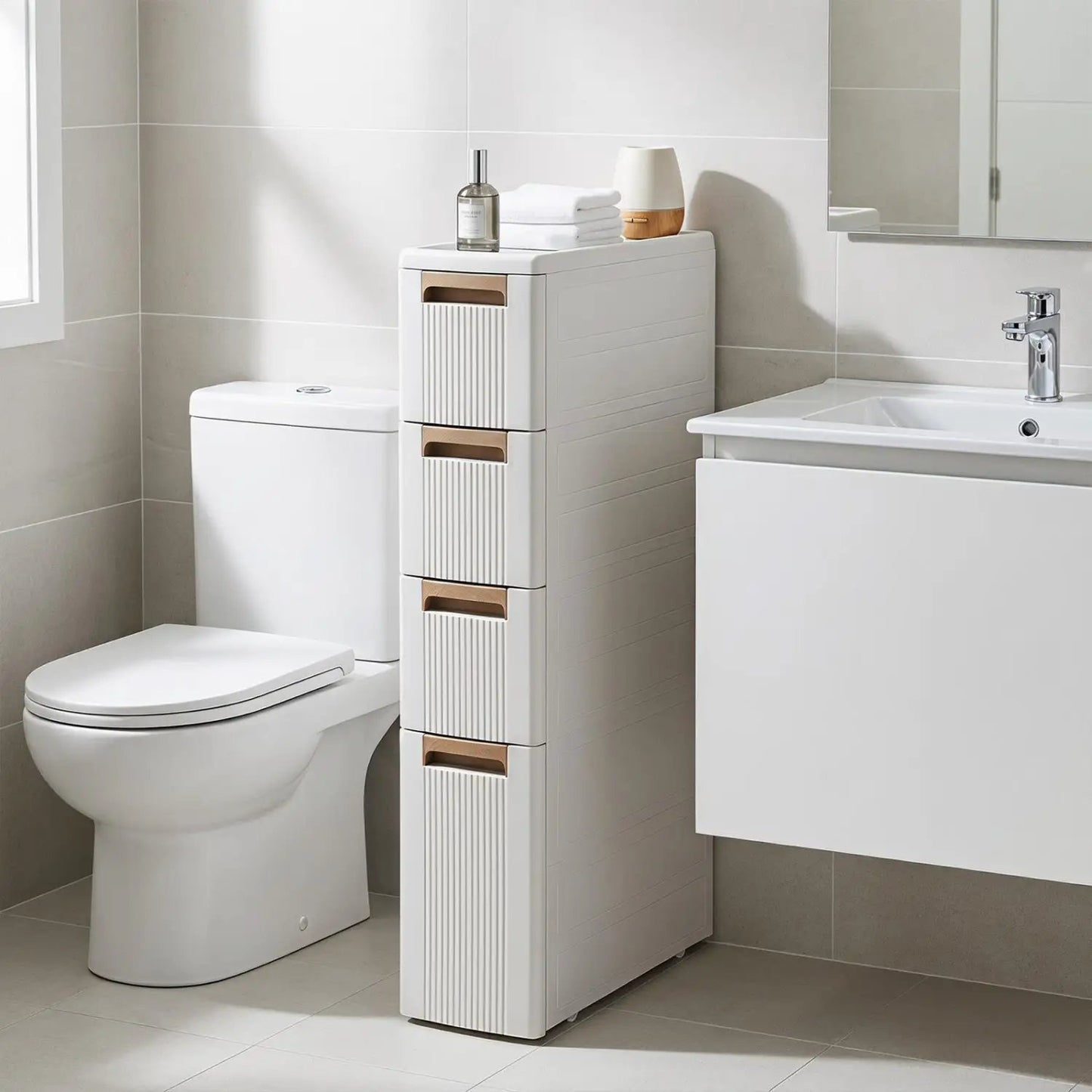 Narrow Storage Cabinet With Drawers and Dividers