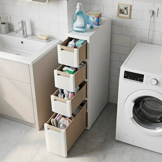 Narrow floor cabinet with four drawers and dividers, white with beige interiors DirectDeals on Tampa Home & Garden Store