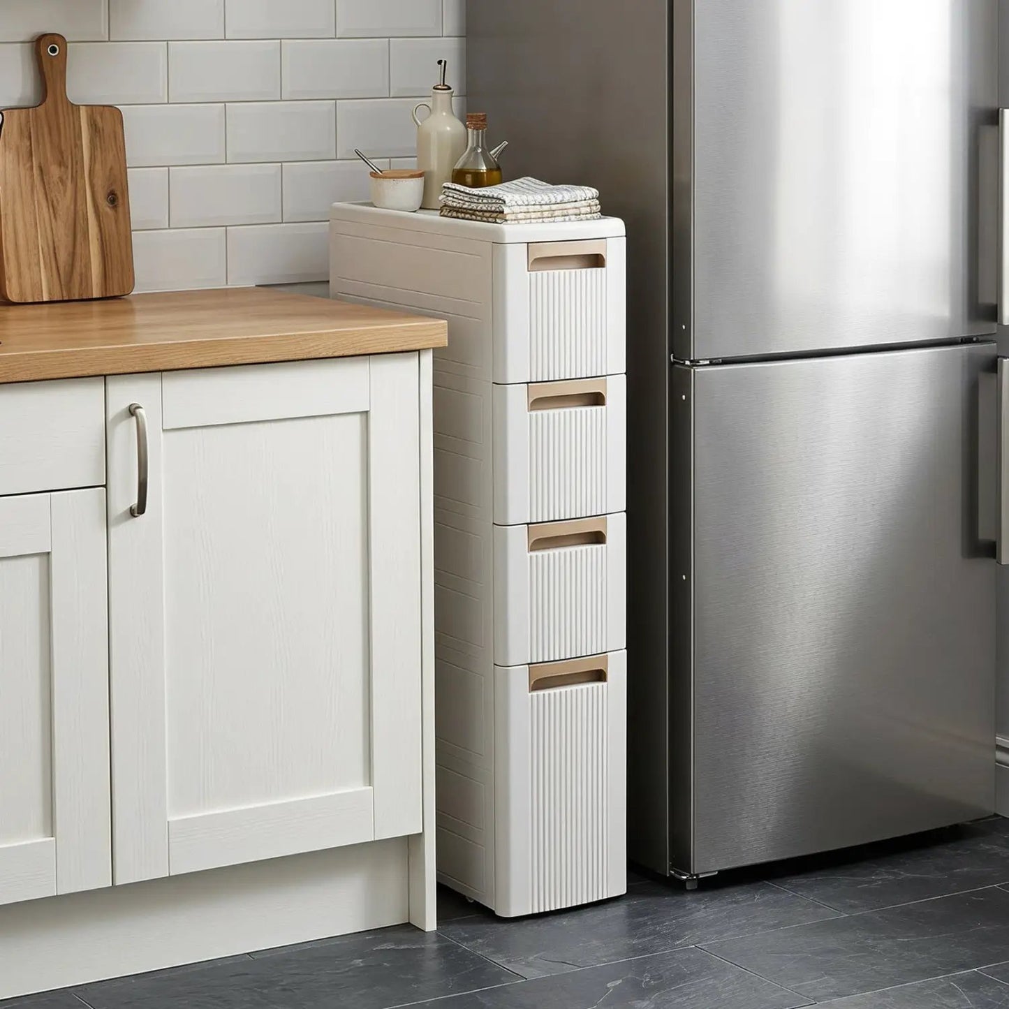 Narrow Storage Cabinet With Drawers and Dividers