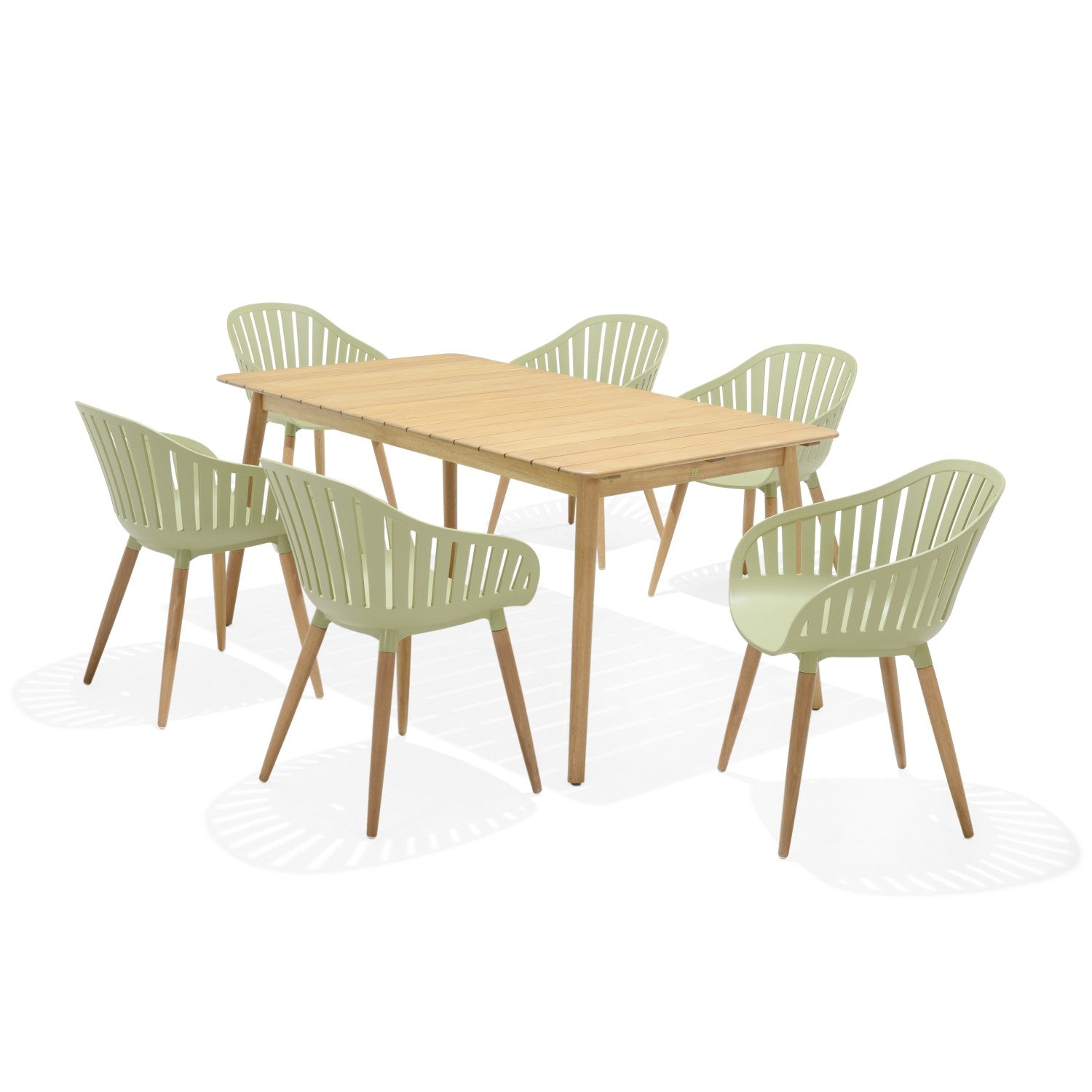 Nassau 7-Piece Rectangular Dining Set with sage green Social Plastic chairs and wooden table on Tampa Home & Garden Store