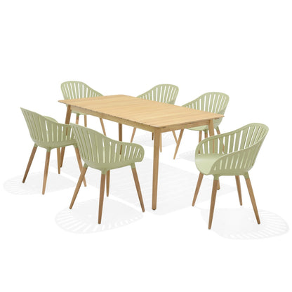 Nassau 7-Piece Rectangular Dining Set with sage green Social Plastic chairs and wooden table on Tampa Home & Garden Store