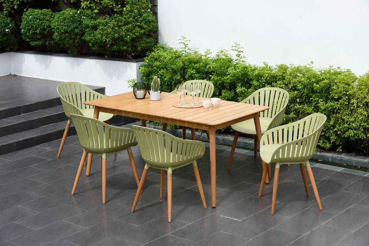 Nassau 7-Piece Rectangular Outdoor Dining Set in Sage Green Social Plastic with six chairs on Tampa Home & Garden Store