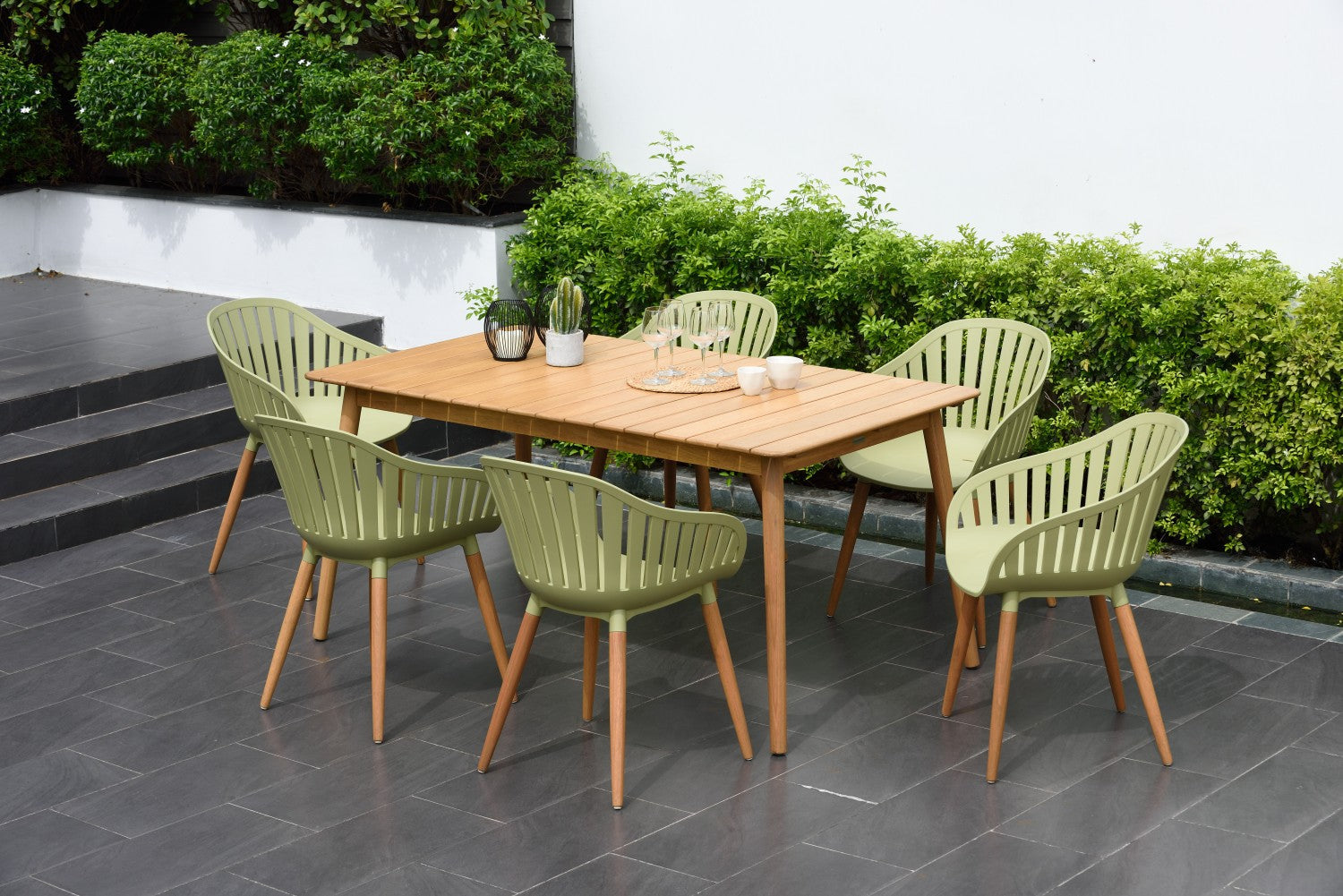 Nassau 7-Piece Rectangular Outdoor Dining Set in Sage Green Social Plastic with six chairs on Tampa Home & Garden Store
