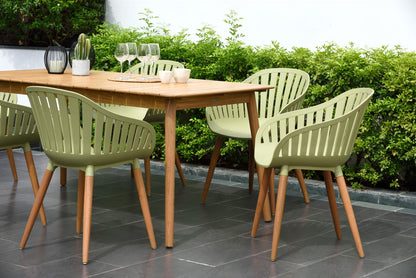Nassau rectangular hardwood outdoor table with olive-green molded chairs on wood legs on Tampa Home & Garden Store