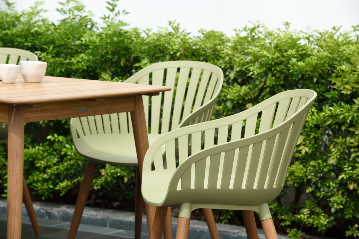 Nassau 7 Piece Rectangular Dining Set Sage Green Social Plastic chairs with wooden table on Tampa Home & Garden Store
