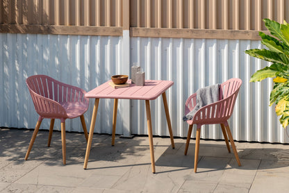 Nassau Square Table Peony Pink Social Plastic outdoor table with 2 chairs LifestyleGardenUS on Tampa Home & Garden Store