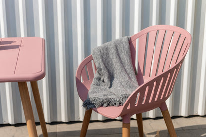 Nassau Carver Armchair Peony Pink Social Plastic outdoor chair with wooden legs on Tampa Home & Garden Store