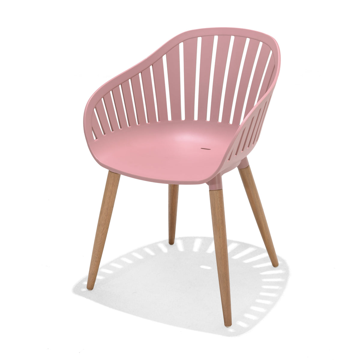 Nassau Carver Armchair Peony Pink Social Plastic outdoor chair with back and wooden legs on Tampa Home & Garden Store