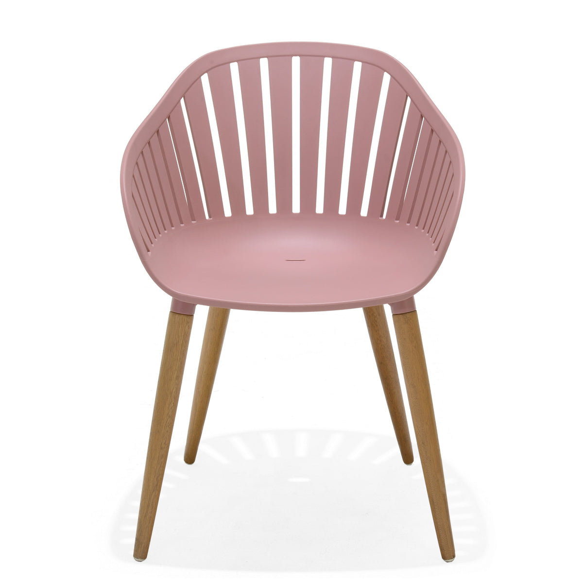 Nassau Carver Armchair Peony Pink Social Plastic outdoor chair with slatted back and wood legs on Tampa Home & Garden Store
