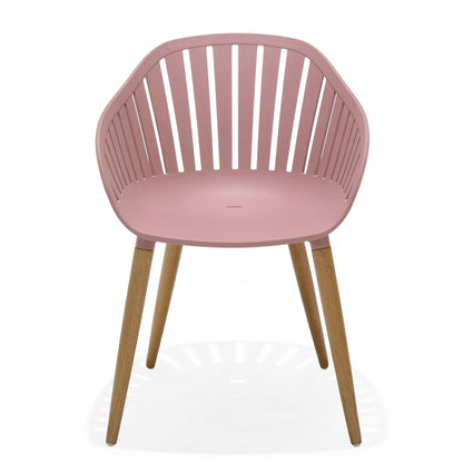 Nassau Carver Armchair Peony Pink Social Plastic outdoor chair with slatted back and wood legs on Tampa Home & Garden Store
