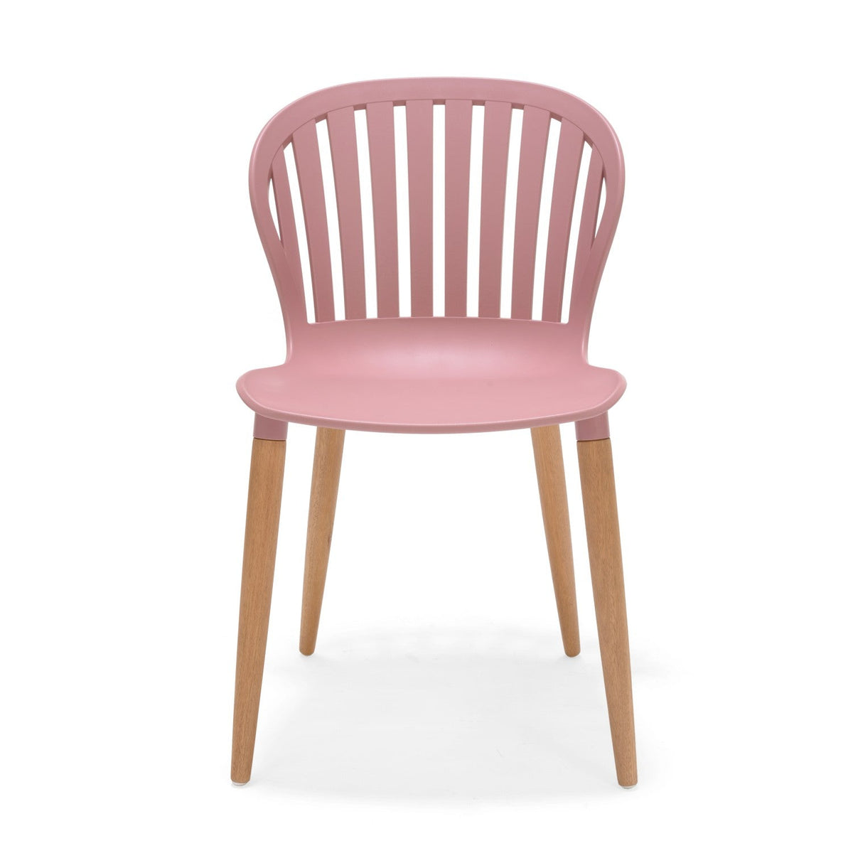 Nassau Side Chair Peony Pink Social Plastic outdoor chair with pink seat and wood legs on Tampa Home & Garden Store