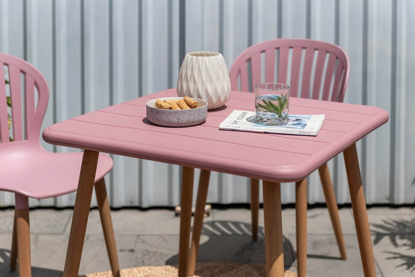 Nassau Table Peony Pink Social Plastic outdoor table with wooden legs LifestyleGarden US on Tampa Home & Garden Store