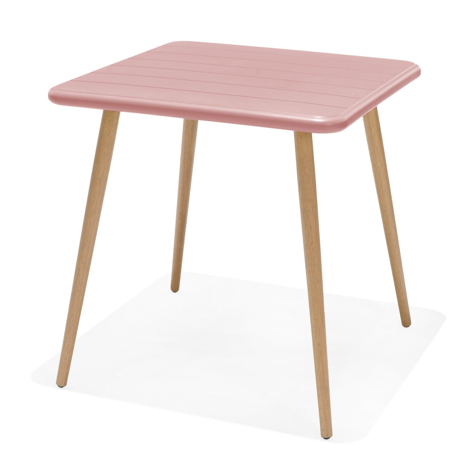 Nassau Square Table Peony Pink Social Plastic outdoor table with wood legs LifestyleGarden US on Tampa Home & Garden Store