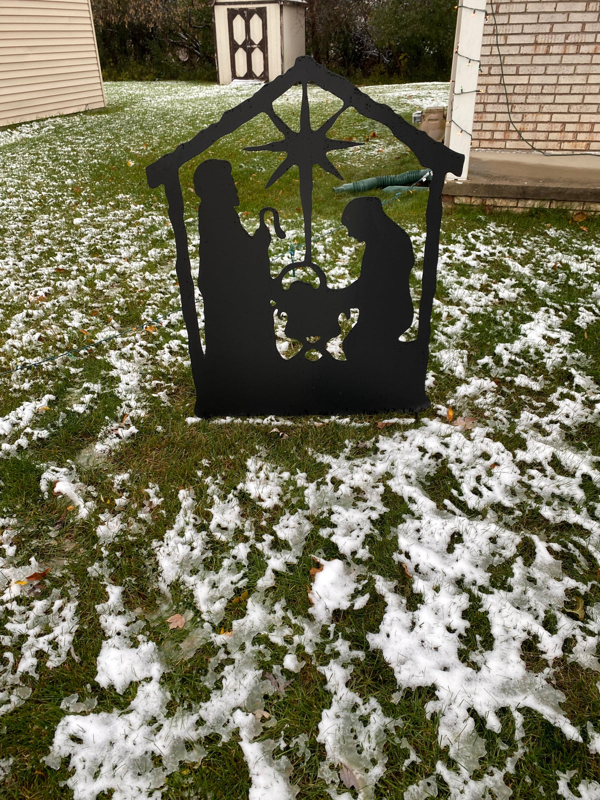 Nativity Scene Outdoor metal silhouette by Rustica Ornamentals, black Christmas yard art on Tampa Home & Garden Store