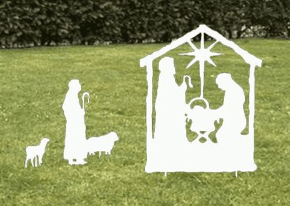 Nativity Scene Outdoor metal lawn display with baby Jesus and two lambs Rustica Ornamentals on Tampa Home & Garden Store