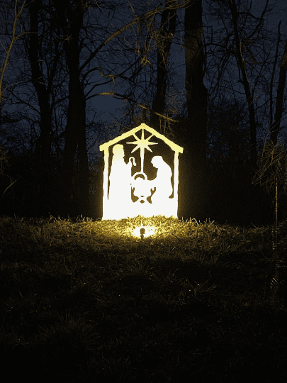 Nativity Scene Outdoor illuminated yard decor by Rustica Ornamentals warm yellow silhouette on Tampa Home & Garden Store