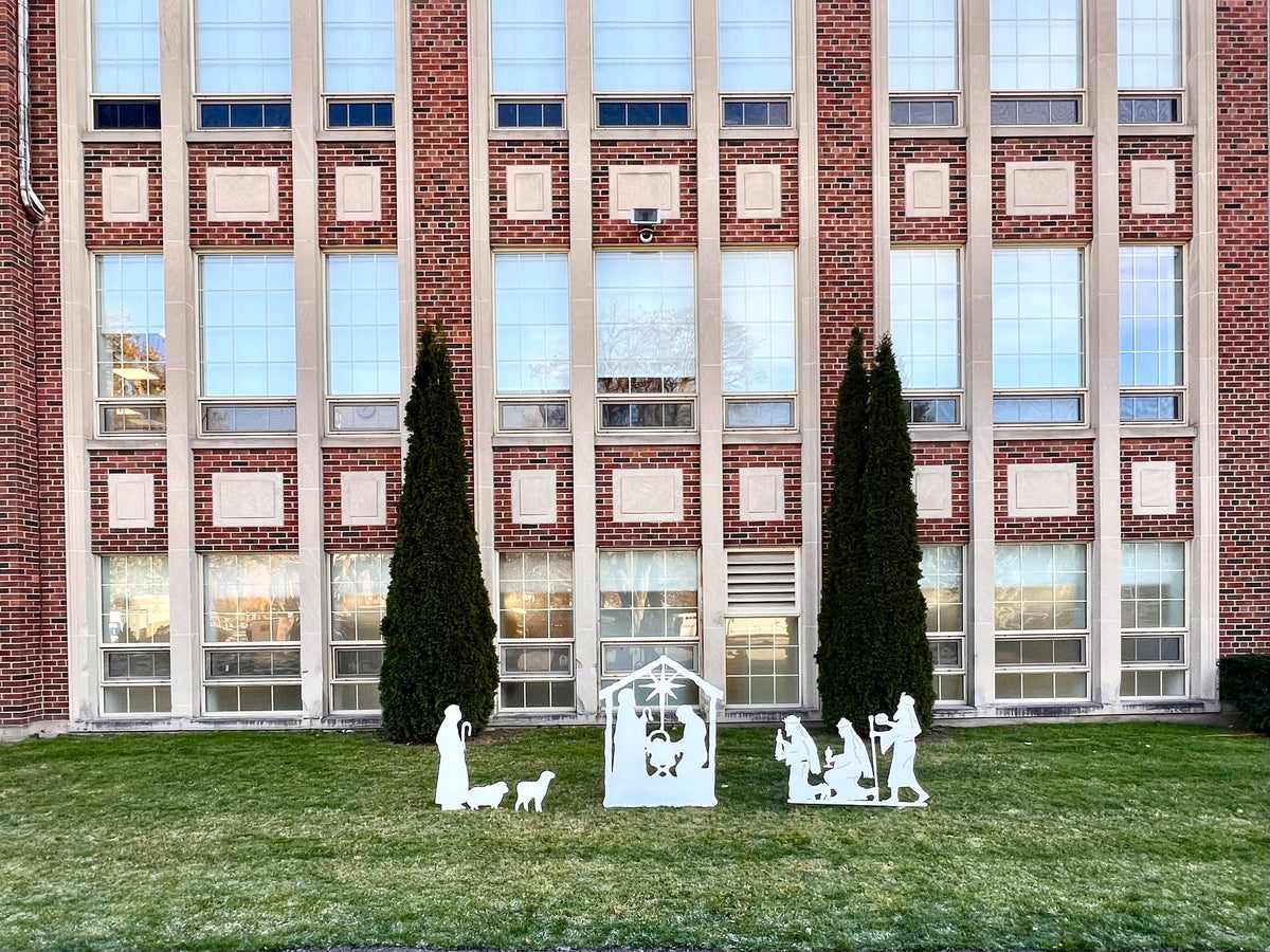 Outdoor Nativity Scene in white metal by Rustica Ornamentals with manger on Tampa Home & Garden Store