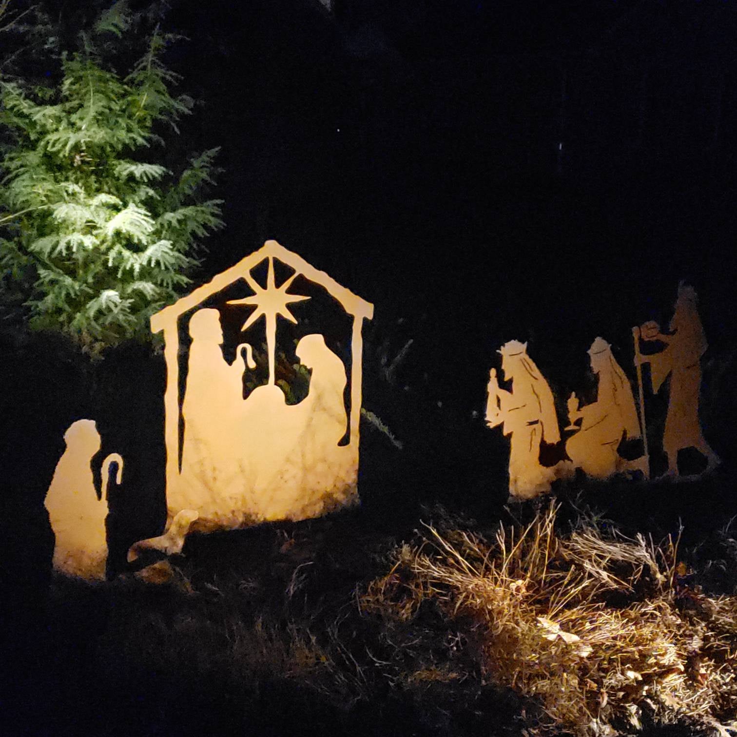 Three Wisemen outdoor nativity decor silhouette in a star-lit stable; Rustica Ornamentals on Tampa Home & Garden Store