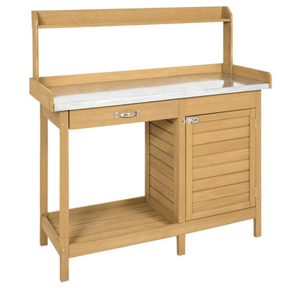 Natural Fir Wood Potting Bench Garden Work Table with Metal Top - Tampa Home & Garden Store