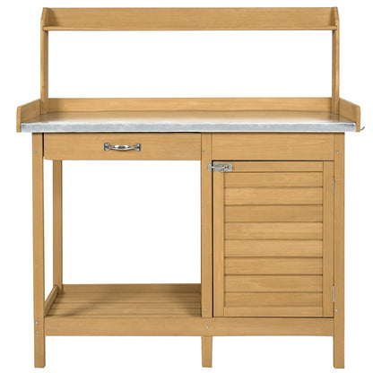Natural Fir Wood Potting Bench Garden Work Table with Metal Top - Tampa Home & Garden Store