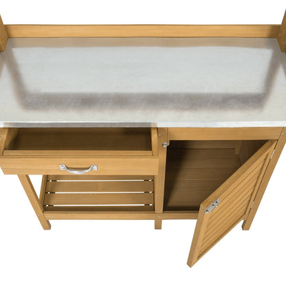 Natural Fir Wood Potting Bench Garden Work Table with Metal Top - Tampa Home & Garden Store