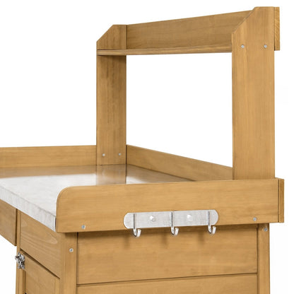 Natural Fir Wood Potting Bench Garden Work Table with Metal Top - Tampa Home & Garden Store