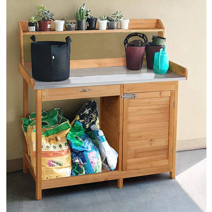 Natural Fir Wood Potting Bench with Galvanized Steel Table Top - Tampa Home & Garden Store