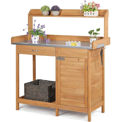 Natural Fir Wood Potting Bench with Galvanized Steel Table Top - Tampa Home & Garden Store