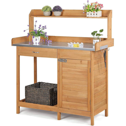 Natural Fir Wood Potting Bench with Galvanized Steel Table Top - Tampa Home & Garden Store