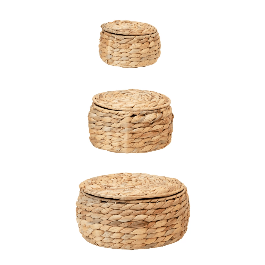 Natural Water Hyacinth Storage Baskets with Lids, Set of 3 - Tampa Home & Garden Store
